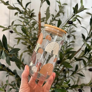 Gobelet bohème arc-en-ciel en verre avec paille : tasse à café glacée 16 oz