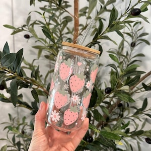 Glass Tumbler with Straw, Coffee Tumbler with Strawberries, Strawberry Lover Gift, Glass Cup with Lid and Straw, Ice Coffee Glass, UV DTF