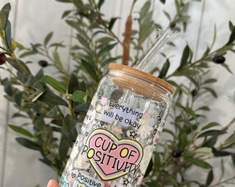 Positive Affirmations Glass Tumbler with Lid & Straw - 16 oz