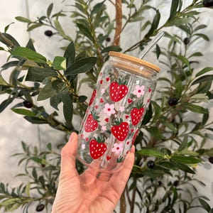 Glass Tumbler with Straw, Coffee Tumbler with Strawberries, Strawberry Lover Gift, Glass Cup with Lid and Straw, Ice Coffee Glass, UV DTF