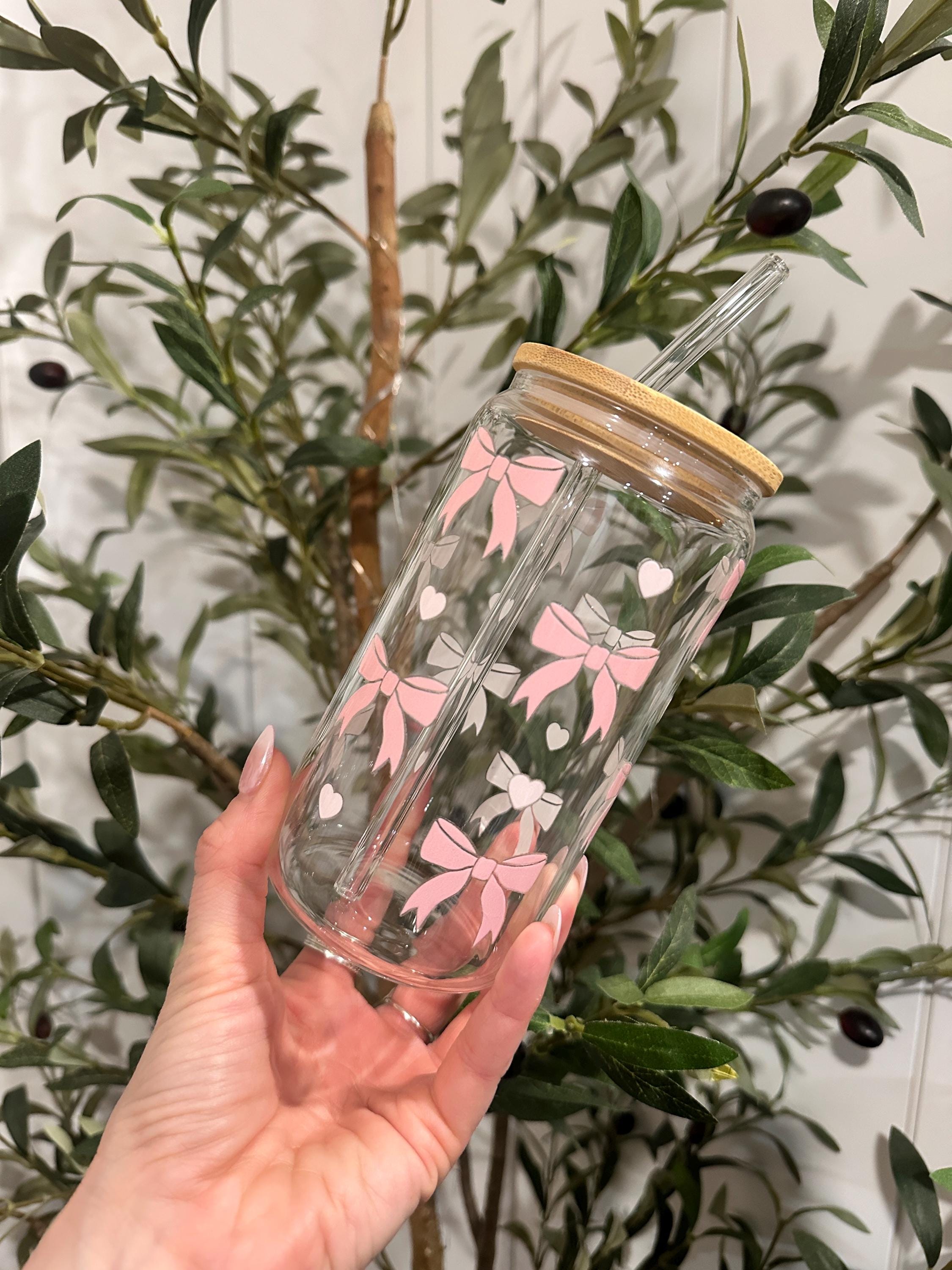 Pink Bow Glass Tumbler: 16oz Coffee Cup With Bamboo Lid & Straw - Etsy