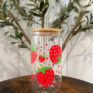 Glass Tumbler with Straw, Coffee Tumbler with Strawberries, Strawberry lover, Gift for Her, Glass Cup with Lid and Straw, Strawberry Cup