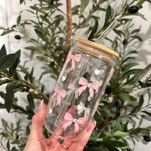 Glass Tumbler with Pink Bows, Coffee Tumbler with Bows, Glass Coffee Cup, Bridesmaid Gift, Birthday Gift, Sipper Glass Cup, Pink Bows Cup