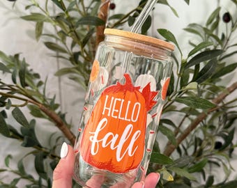 Fall Pumpkin Glass Cup: Iced Coffee Tumbler with Bamboo Lid