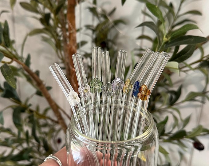 Glass Straw with Flower, Handmade Sipper Cup Straw