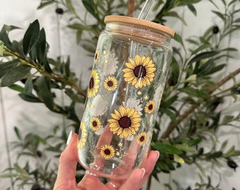 Sunflower Glass Tumbler with Bamboo Lid & Straw (16 fl oz)