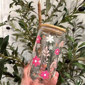 Glass Tumbler with Straw, Glass Cup for Summer, Rainbows and Flowers, Glass Cup with Lid, Iced cCffee Tumbler, Boho Chic, Pink Rainbow Cup.