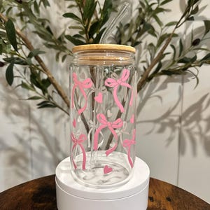 Glass Tumbler with Pink Bows, Coffee Tumbler with Bows, Glass Coffee Cup, Bridesmaid Gift, Birthday Gift, Sipper Glass Cup, Pink Bows Cup