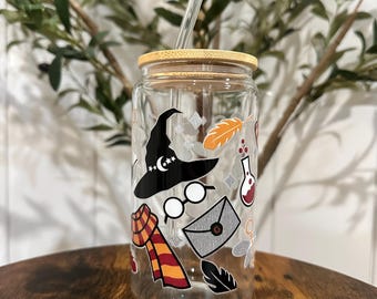 Glazen Harry P-beker, bamboedeksel en rietje, tovenaar, magie, Harry, drankje, veren, pottenbakker