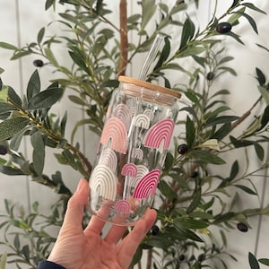 Iced Coffee Glass, Pink Rainbows, Boho Rainbows on Glass Tumbler, Glass Cup with Lid, Iced coffee Glass with Rainbows, Pink Rainbow Cup