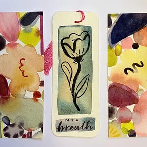 Watercolour bookmarks, pack of 3, abstract meditative style on archival paper, individual bookmarks measure 6in x 2 in