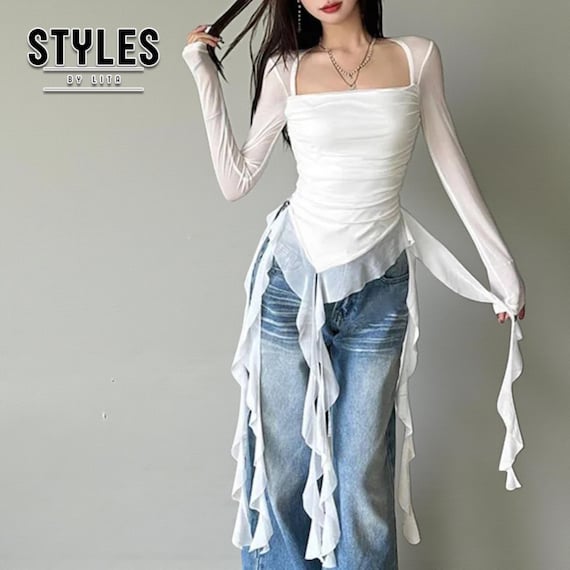 Long Sleeve Top | Streetwear Y2k Chic Fashion | Layered Patchwork Shirt
