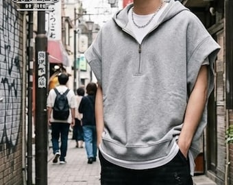 Mouwloze top met capuchon | Casual tanktop met halve rits | Dagelijkse kleding | Koreaanse streetwearstijl