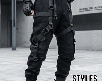 Black Cargo Pants | Strap Utility Design | Street Tactical Techwear | Punk Y2K Trend
