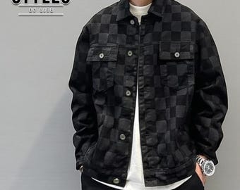 Plaid Denim Jacket | Oversized Y2K Streetwear Outerwear | Casual Button Up Urban Coat