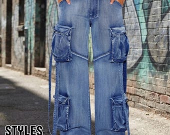 Pantalones cargo holgados extragrandes / Vaqueros de pierna ancha y suelta / Estilo urbano moderno y chic estilo Y2K