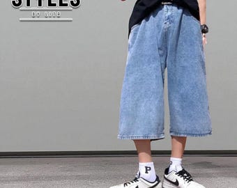 Vintage 90s Denim Shorts In Blue - 1990s Y2K Grunge Baggy Jorts - Wide-leg Style Jeans - Low Rise Pants - Size M