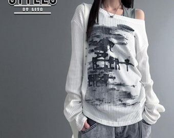 Off Shoulder Sweater | Grunge Long Sleeve Top | Streetwear Style | Urban Layering Clothing