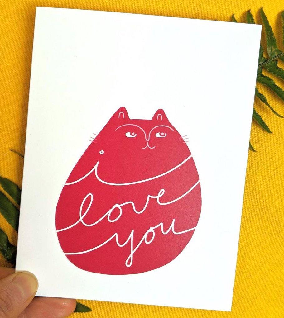 Carte de chat rouge - je t'aime - carte de voeux - Saint-Valentin - anniversaire - fiançailles - mariage - minou - mignon - écriture cursive
