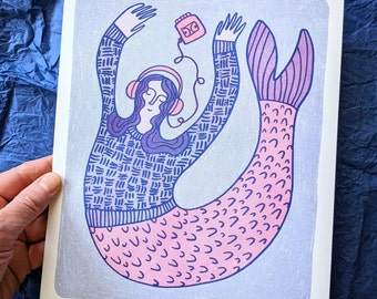 Mermaid with Headphones - risograph print - 8x10 - walkman - water - swimming - ocean - nautical - undersea - merfolk