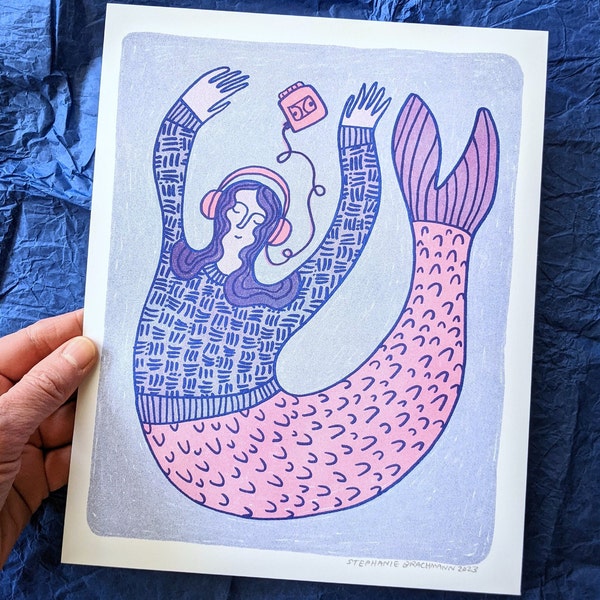 Mermaid with Headphones - risograph print - 8x10 - walkman - water - swimming - ocean - nautical - undersea - merfolk