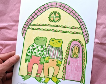 Frog Cottage - risograph print - 8x10 - frogs - cute - house