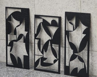 Handmade Hammered Metal Wall Art: Abstract Geometric Iron Sculpture, Set of 3