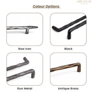 May include: Image showcasing cabinet hardware in four color options: raw iron, black, gun metal, and antique brass. Each handle has a textured, organic design. The text "Colour Options" is at the top, with the brand logo in the upper right corner.