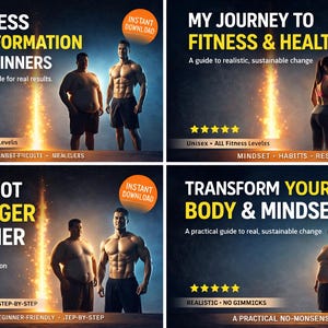 May include: Four digital fitness guides with before and after images of people. Titles include "Fitness Transformation for Beginners", "My Journey to Fitness & Health", "How I Got Stronger & Leaner", and "Transform Your Body & Mindset". Each guide has an "Instant Download" button.