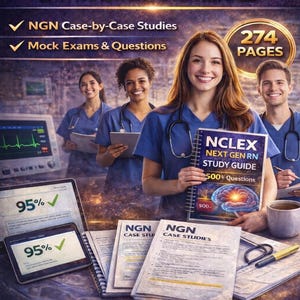 Puede incluir: Imagen de una guía de estudio para el examen NCLEX-RN, con el texto "500+ QUESTIONS" y "NCLEX NEXT GEN RN STUDY GUIDE." La portada muestra un gráfico de cerebro. La imagen también incluye el texto "NCN Case-by-Case Studies" y "Mock Exams & Questions."