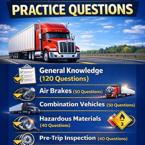 May include: Image for CDL Class A practice questions. A red semi-truck is on a highway under a blue sky. The image includes sections on General Knowledge, Air Brakes, Combination Vehicles, Hazardous Materials, and Pre-Trip Inspection.