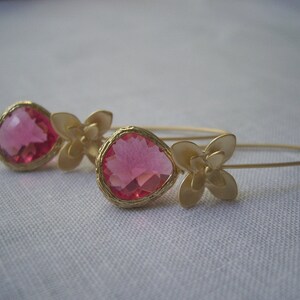 Vintage Inspired, Romantic, Gold Flower Post, Pink, Hot Pink, Fushia, Bezel Set, Earrings