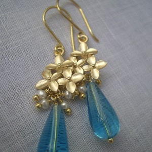 Romantic, Vintage Inspired,  Long, Chandelier, Wire Wrapped, Drop, Briolette, Turquoise Blue, Gold, Floral, Pearls, Handmade with Love