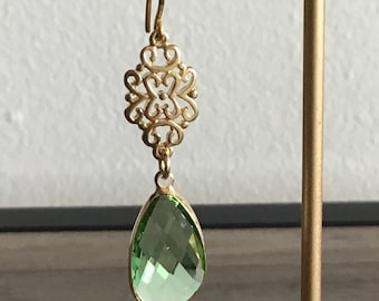 Vintage Inspired, Bezel Set, Filigree, Green, GlSs, Earrings