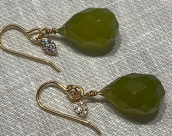 Simple, Classic, Green, Olive, Gold, Wire Wrapped, Earrings