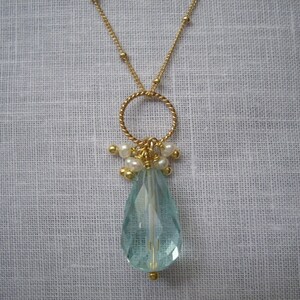 Vintage Inspired, Romantic, Delicate, Wire Wrapped, Aquamarine, Blue, Pearl Clusters, Gold Necklace, Handmade with Love.