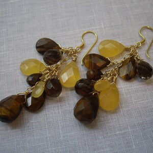 Long, Wire Wrapped, Chandelier, Dangle Earrings, Briolettes, Gold, Honey, Yellow, Jade. Tiger&#39;s Eye, Handmade with Love
