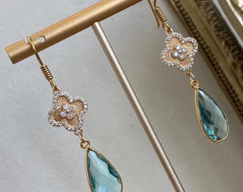 Vintage Inspired, Swiss Blue,  Long, Dangle, Bezel Set, Clover, Charm, Gold, Jewelry, Earrings