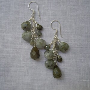 Puede incluir: Un par de pendientes de plata con múltiples piedras de labradorita en forma de lágrima. Las piedras son una mezcla de gris claro y oscuro con destellos iridiscentes.