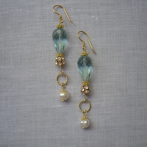 Long, Chandelier, Wire Wrapped, Drop,  Aquamarine, Blue, Gold, Round Roundels, Freshwater Pearls,