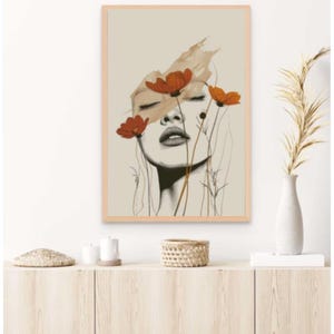 Blumen Frau Kunstdruck, Boho Blumen Poster, Minimalistische Wanddekoration, Orange Blüten Kunst, Geschenk für Sie