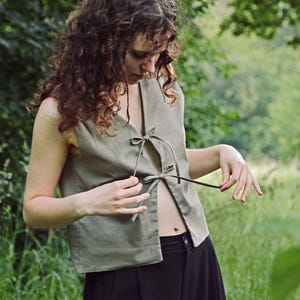 Linen Tie Front Top Shirt Summer Clothing Linen Blouse Tie Front Top Linen Shirt Linen Crop Top Sleeveless Linen Top by HURDO