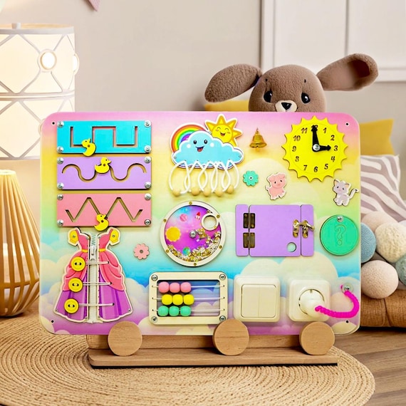 Personalized Pink Busy Board Montessori Sensory Activity Toy for