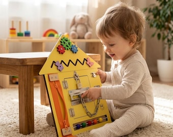 Interactive Busy Board for Toddlers – Wooden Educational Toy with Activities for Fine Motor Skills, Sensory Play, Montessori Learning.
