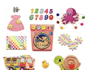 Montessori Busy Board Parts – Wooden Beads, Rotating Swirls & Activity Accessories for Toddlers | DIY Sensory Board Supplies.