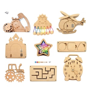 May include: A collection of wooden educational toys, including a telephone, cloud with colorful strings, helicopter, castle, star with sequins, shape sorter, tractor, maze, and alarm clock. These toys are designed for early childhood development.