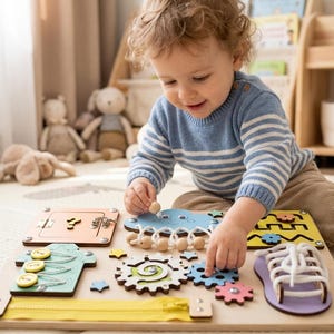 May include: A wooden busy board featuring various interactive elements including a yellow zipper, a light blue cloud with beads, interlocking gears in white, green, and blue, a lacing shoe, a latch door with a question mark, and yellow buttons.