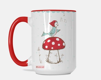 Little Bird Mug, Mushroom Woodland Coffee Mug, Tasha Noel A Little Sweetness Mug 15oz. (Red + White)