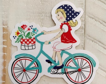 Bike Sticker, Girl on a Bicycle Vinyl Sticker, Vintage Market Vinyl Sticker, Girl Laptop Planner Sticker, Water Bottle Sticker, Tasha Noel