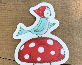 Little Bird Vinyl Sticker - Tasha Noel Woodland Bird and Mushroom Vinyl Sticker